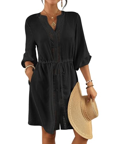 Bsubseach Swimsuit Coverup for Women V Neck Bathing Suit Cover Up with Pocket Drawstring Button Down Beach Shirt Dresses Black S - Image 5