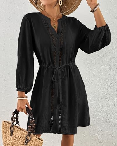 Bsubseach Swimsuit Coverup for Women V Neck Bathing Suit Cover Up with Pocket Drawstring Button Down Beach Shirt Dresses Black S - Image 4
