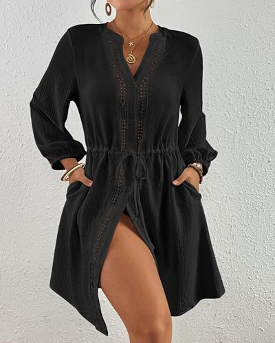Bsubseach Swimsuit Coverup for Women V Neck Bathing Suit Cover Up with Pocket Drawstring Button Down Beach Shirt Dresses Black S - Image 2