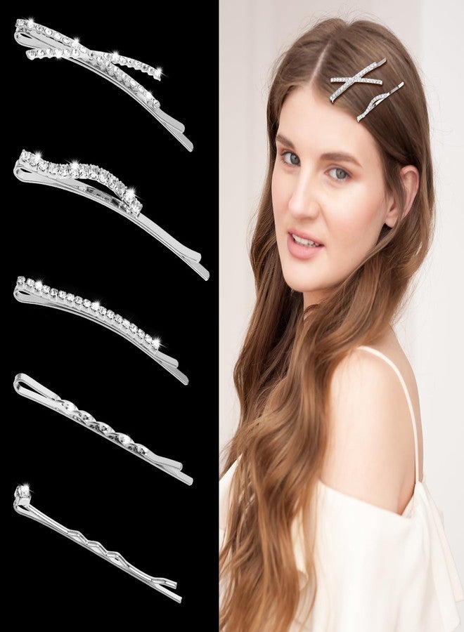 Bremorou 10Pcs Rhinestone Bobby Pins Crystal Diamond Bling Hair Pins Shiny Fancy Metal Barrettes I S X Shaped Hair Accessories for Women Girls Party Wedding Daily (Silver) - Image 3
