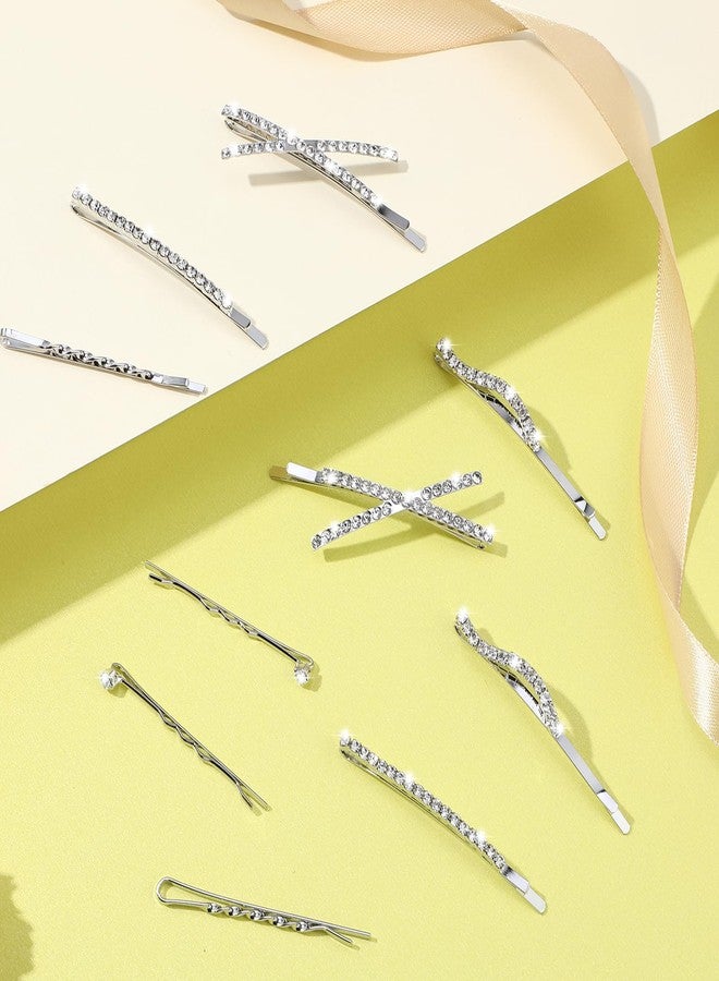 Bremorou 10Pcs Rhinestone Bobby Pins Crystal Diamond Bling Hair Pins Shiny Fancy Metal Barrettes I S X Shaped Hair Accessories for Women Girls Party Wedding Daily (Silver) - Image 5