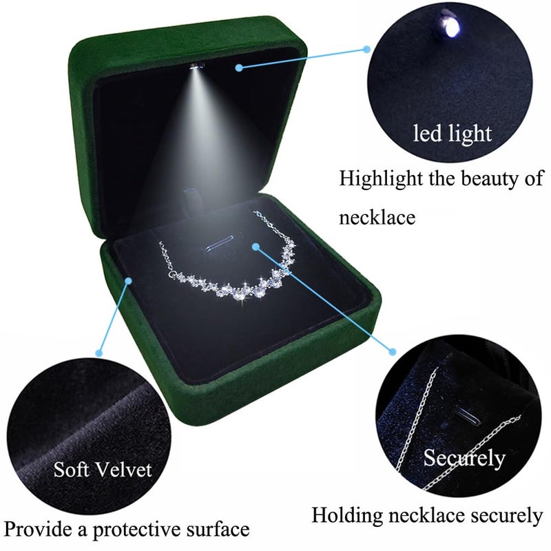 GBYAN Pendant Necklace Box with LED Light, Necklace Gift Box Velvet Jewelry Display Case for Proposal Engagement Wedding and Birthday,Emerald Green - Image 3