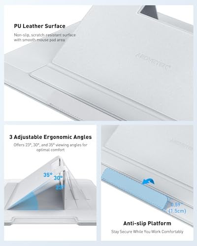 AboveTEK Adjustable Laptop Lap Desk, 3 Ergonomic Angles, PU Leather Non-Slip Surface, Heat Shield, Retractable Mouse Pad, Portable Laptop Lap pad for Bed, Sofa, Travel (Light Gray) - Image 5