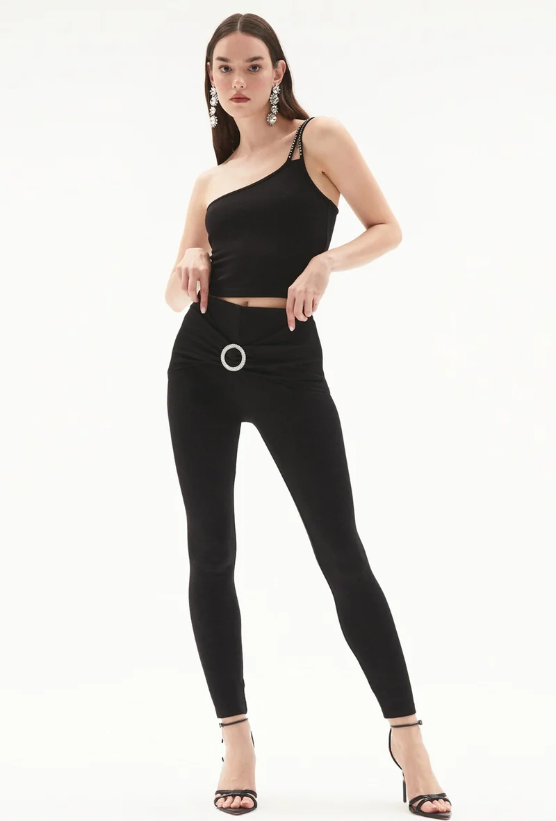 جون Women's High Waist Stone Buckle Detailed High Waist Knitted Leggings Pants