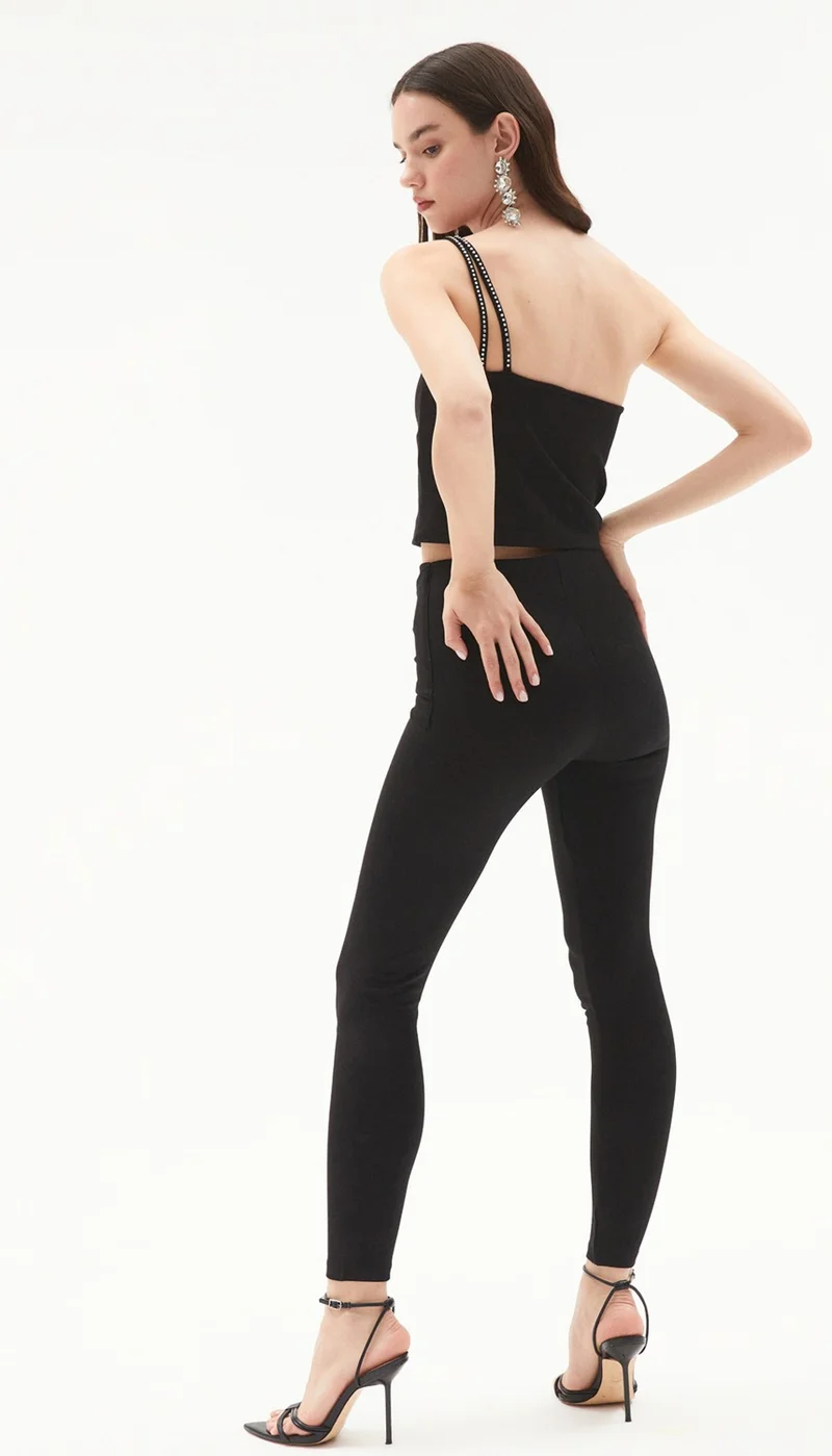 جون Women's High Waist Stone Buckle Detailed High Waist Knitted Leggings Pants