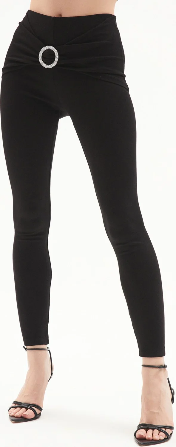 جون Women's High Waist Stone Buckle Detailed High Waist Knitted Leggings Pants