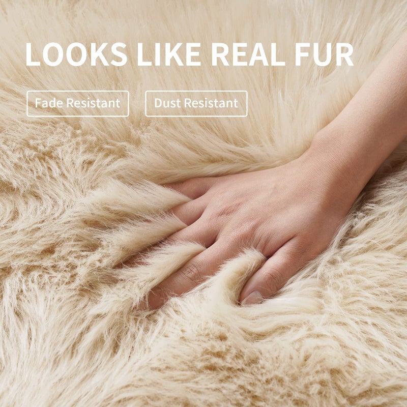 Tangsoo Faux Fur Rug Sofa Chairs Cover, Beige Small Rug for Bedroom, 2X3 Shaggy Furry Rugs for Kids Room, Shag Fluffy Rugs for Nursery Room, Soft Fuzzy Plush Carpet - Image 4