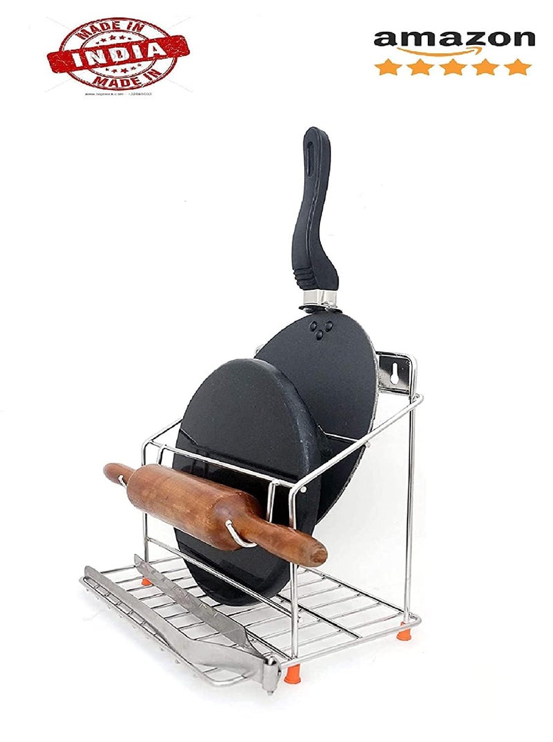 CR18 collection Chakla Belan and Tawa Stand for Kitchen 101 RustFree Stainless Steel Rolling Pin Board Holder Wall Mount Stand 4 in1 Holder Floating Shelves - Image 4
