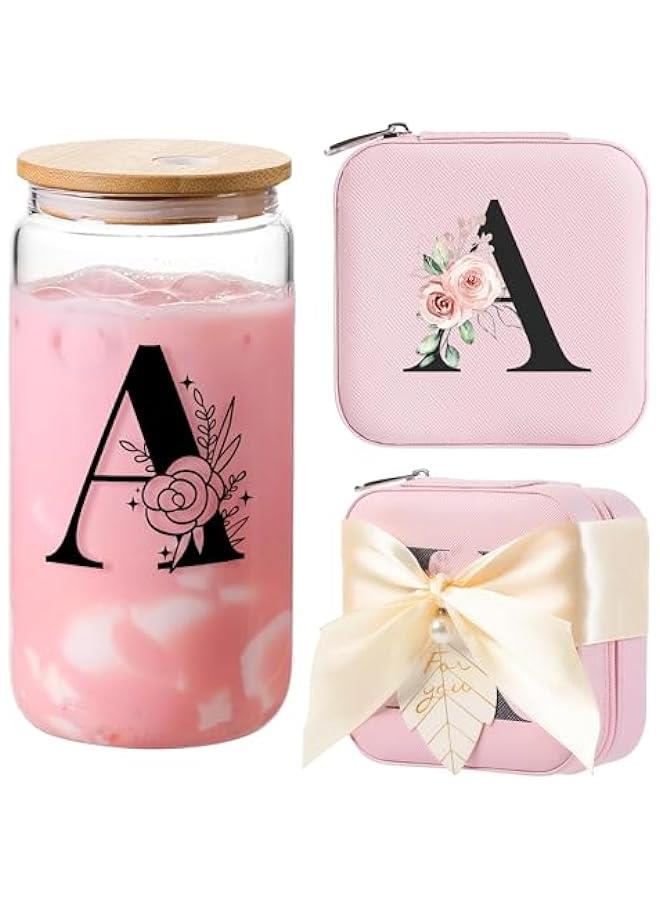 Arabest glass cups with lids and straws,bridesmaid proposal gifts,Initia glass cups,Travel Must Have Jewelry Box,iced coffee cups,Travel Gifts for Women Girls,Birthday Gifts,Initial A pink - Image 1