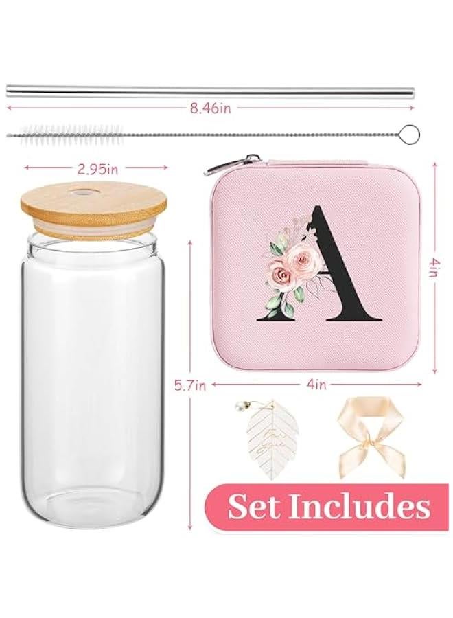 Arabest glass cups with lids and straws,bridesmaid proposal gifts,Initia glass cups,Travel Must Have Jewelry Box,iced coffee cups,Travel Gifts for Women Girls,Birthday Gifts,Initial A pink - Image 2