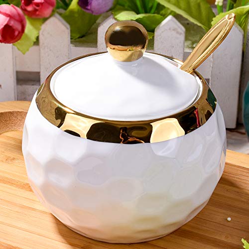 BOSILI White Ceramic Sugar Bowl with Lid and Spoon, 8.5oz Modern Hammered Texture Seasoning Jar, Coffee Bar Accessory & Spice Pot, Porcelain Sugar Dispenser for Countertop & Tea Service - Image 3