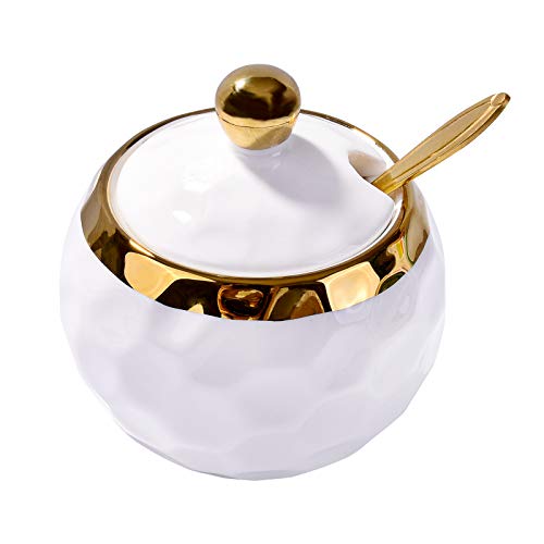 BOSILI White Ceramic Sugar Bowl with Lid and Spoon, 8.5oz Modern Hammered Texture Seasoning Jar, Coffee Bar Accessory & Spice Pot, Porcelain Sugar Dispenser for Countertop & Tea Service - Image 1