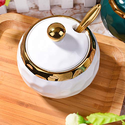 BOSILI White Ceramic Sugar Bowl with Lid and Spoon, 8.5oz Modern Hammered Texture Seasoning Jar, Coffee Bar Accessory & Spice Pot, Porcelain Sugar Dispenser for Countertop & Tea Service - Image 4