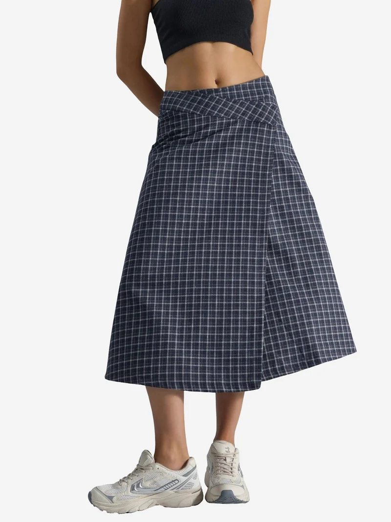 High Waist Plaid Midi Skirt