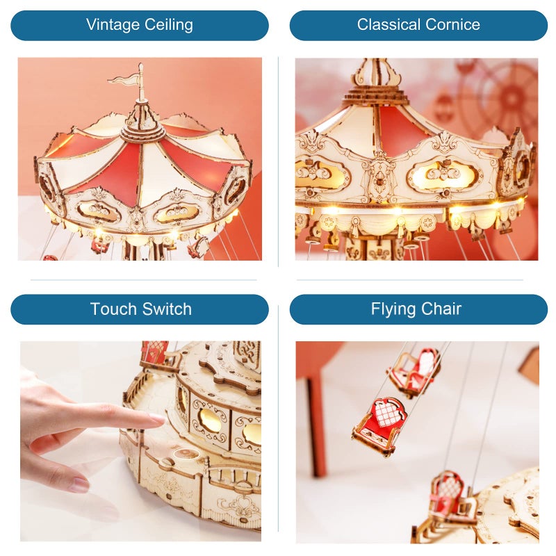 ROKR 3D Puzzles Wooden Music Box Kit with LED, Rotating Swing Ride Mechanical Model Kit DIY Wood Craft Hobbies Kit for Adults Birthday for Adults - Image 3