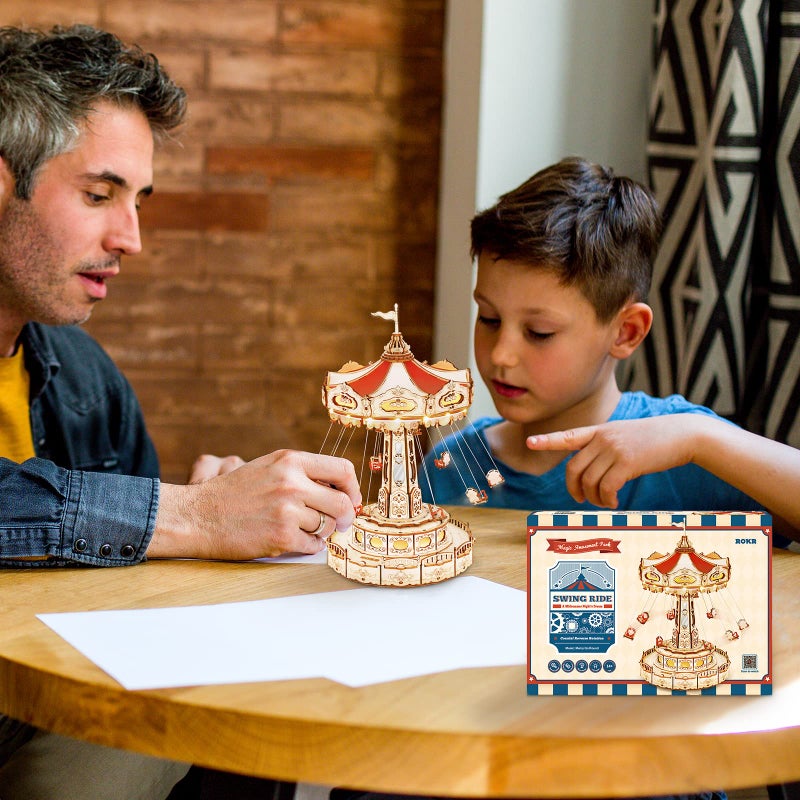 ROKR 3D Puzzles Wooden Music Box Kit with LED, Rotating Swing Ride Mechanical Model Kit DIY Wood Craft Hobbies Kit for Adults Birthday for Adults - Image 5