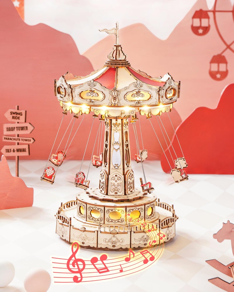 ROKR 3D Puzzles Wooden Music Box Kit with LED, Rotating Swing Ride Mechanical Model Kit DIY Wood Craft Hobbies Kit for Adults Birthday for Adults - Image 1