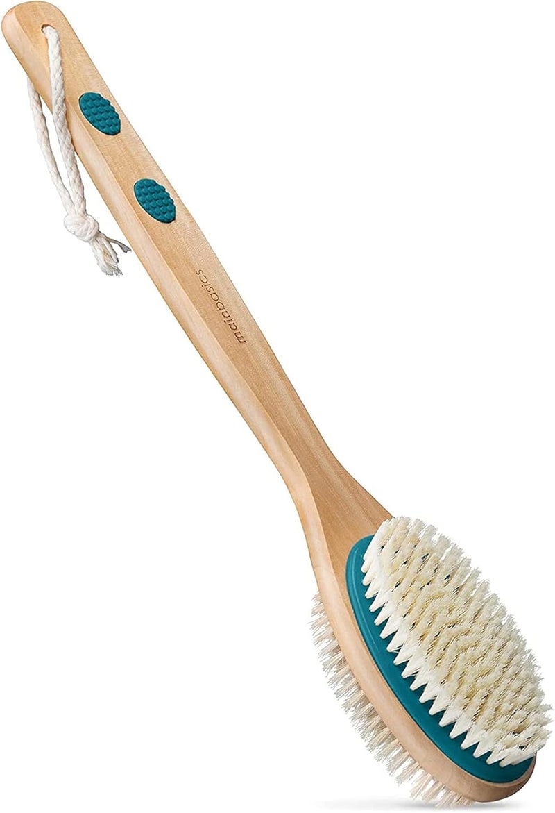 MainBasics Back Scrubber for Shower – Long Handle Dual-Sided Brush for Body Wash & Scrubbing with Exfoliating & Soft Bristles (Teal, Wood) - Image 1