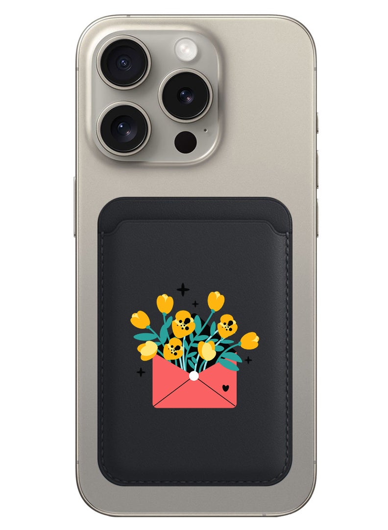 Theodor محفظة مغناطيسية، متوافقة مع محفظة MagSafe، لمحفظة iPhone، لسلسلة iPhone 16/15/14/13/12، غير متوافقة مع iPhone 13/12 mini، حاملة 3 بطاقات، جلد نباتي، أسود - زهور في ظرف - Image 1