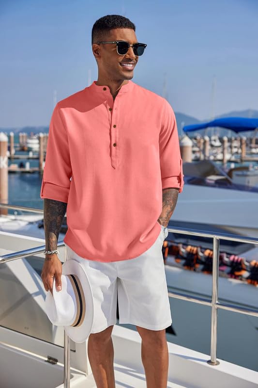 Macsivo Men's Cotton Blend Solid Short Kurta with Mandarin Collared Full Sleeve Drawstring Stylish Straight Length | Kurta for Man Peach - Image 5