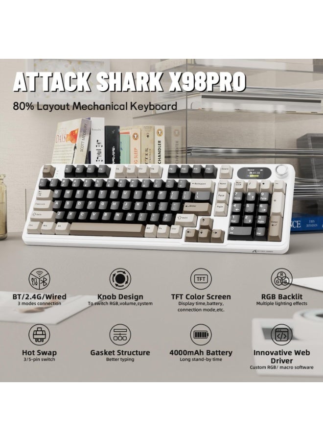 هجوم القرش كيبورد ميكانيكي لاسلكي اتاك شارك X98 برو مع شاشة ومقبض 2.4G/USB-C/بلوتوث 5.0 قابل للتبديل السريع 102 مفتاح، كيبورد العاب باضاءة RGB للكمبيوتر وماك وبلاي ستيشن 4 واكس بوكس - Image 2