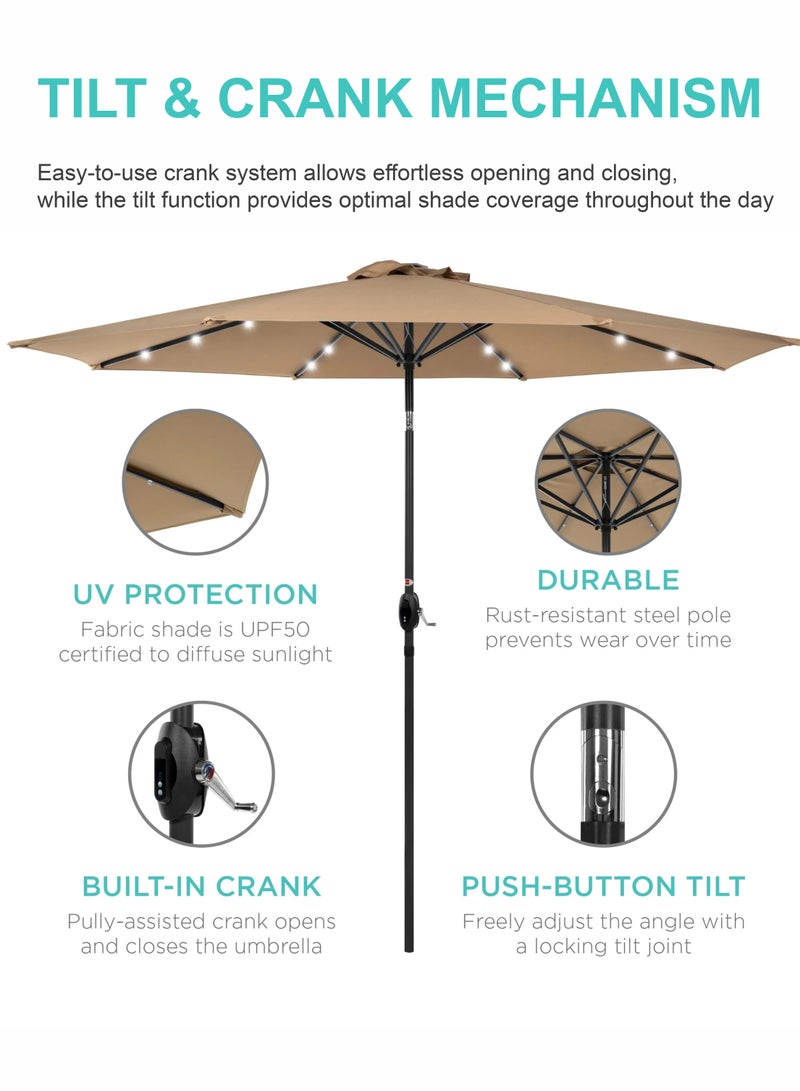 Toshionics 3 Meters Outdoor Patio Umbrella with Solar LED Lights, 32 LED Lighted Waterproof Market Parasol with Tilt & Crank, UV-Resistant Garden Umbrella with Base and String Lights for Backyard, Pool, Beach & Camping, Khaki Brown - Image 3