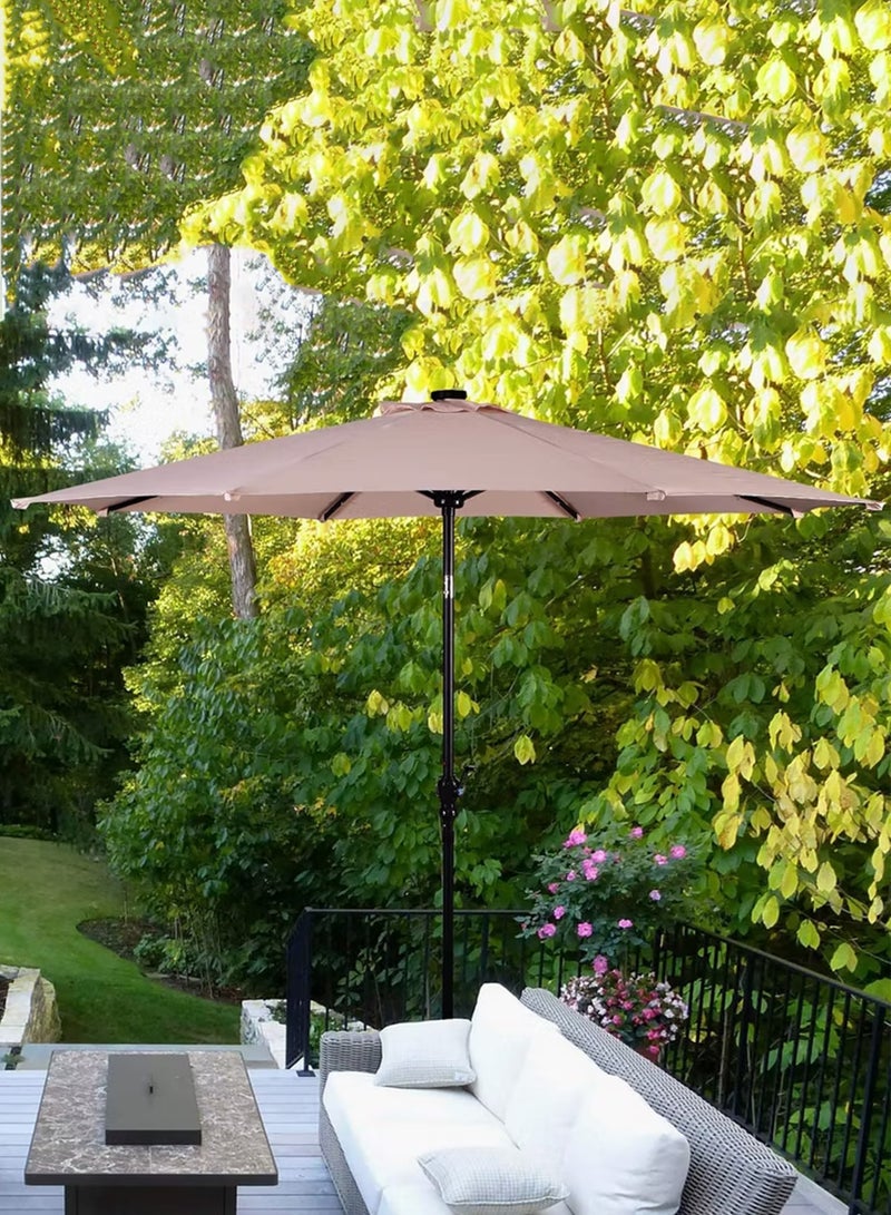 Toshionics 3 Meters Outdoor Patio Umbrella with Solar LED Lights, 32 LED Lighted Waterproof Market Parasol with Tilt & Crank, UV-Resistant Garden Umbrella with Base and String Lights for Backyard, Pool, Beach & Camping, Khaki Brown - Image 2