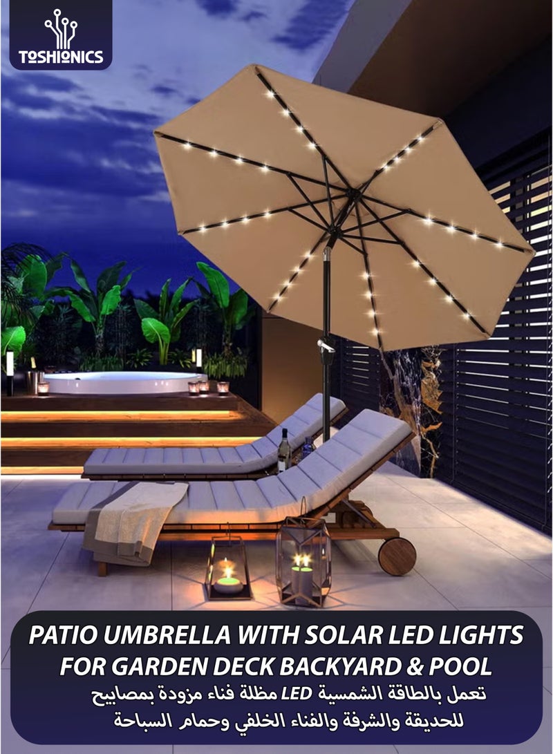 Toshionics 3 Meters Outdoor Patio Umbrella with Solar LED Lights, 32 LED Lighted Waterproof Market Parasol with Tilt & Crank, UV-Resistant Garden Umbrella with Base and String Lights for Backyard, Pool, Beach & Camping, Khaki Brown - Image 1