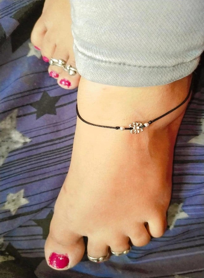Jyokrish Handmade Adjustable Black Thread Metal flower Beads twisted Anklet For Women | Girls | Nazariya |Payal |Adult |Free Size |Single Leg| Workwear - Image 5