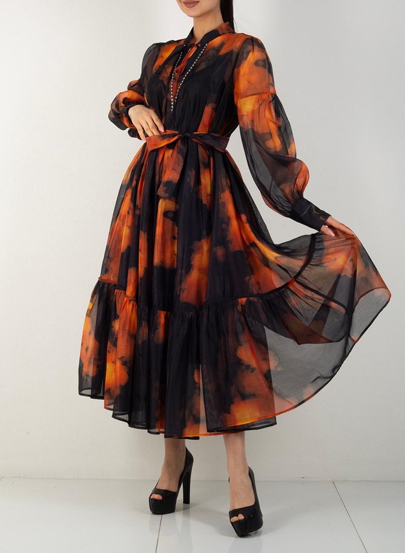 Meilun Black - Orange Sheer Chiffon Midi Dress with Belted Waist, Printed Design & Beaded Neckline  - Image 1