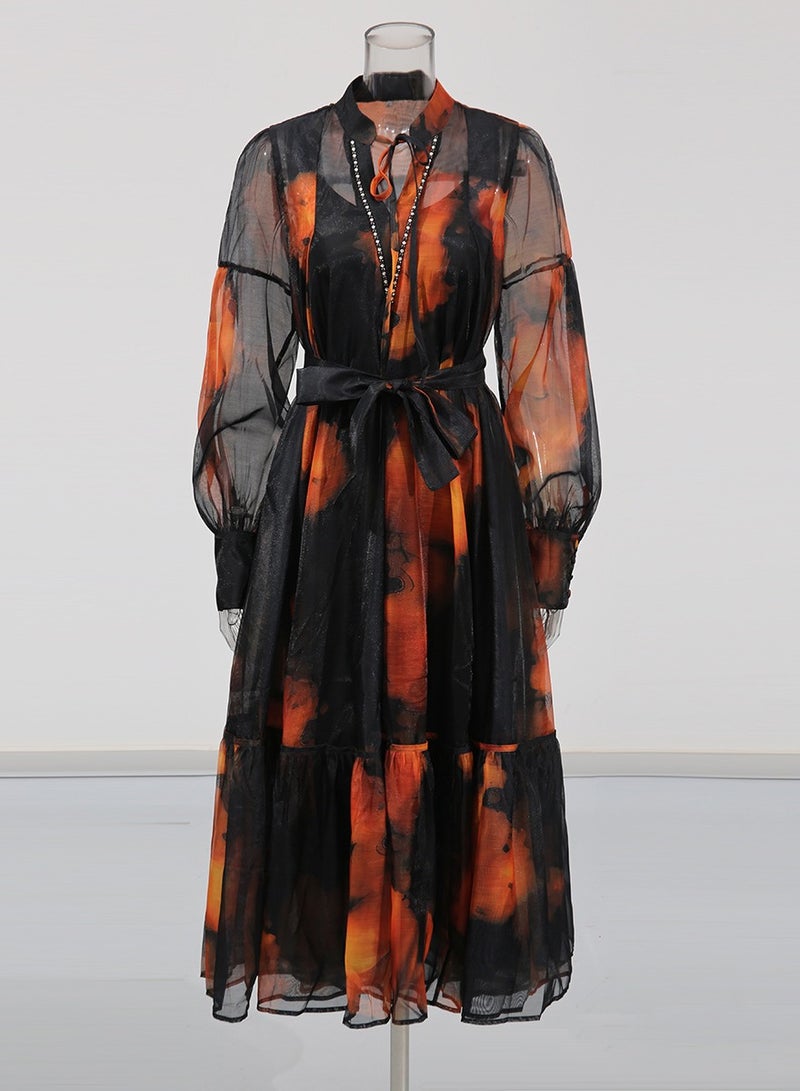 Meilun Black - Orange Sheer Chiffon Midi Dress with Belted Waist, Printed Design & Beaded Neckline  - Image 2
