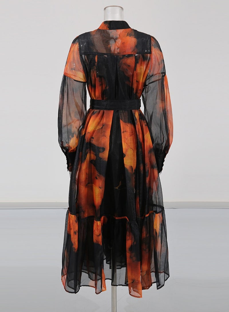 Meilun Black - Orange Sheer Chiffon Midi Dress with Belted Waist, Printed Design & Beaded Neckline  - Image 3