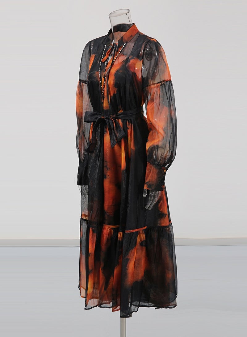 Meilun Black - Orange Sheer Chiffon Midi Dress with Belted Waist, Printed Design & Beaded Neckline  - Image 4