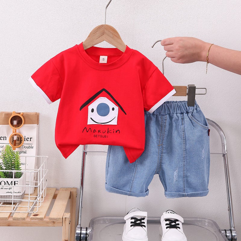 2023 Childrens Wear Summer New Boys Baby Cartoon Big Nose House Short-sleeved Denim Shorts Two-piece Fashionable Red 