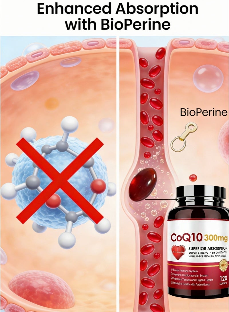 دهاب Coq10300Mgsoftgels مع Pqq Bioperine Omega3 120 حصة الإنزيم المساعد Q10 Ubiquinone الملحق لامتصاص عالي، دعم قوي لمضادات الأكسدة، صحة القلب، إنتاج الطاقة - Image 4