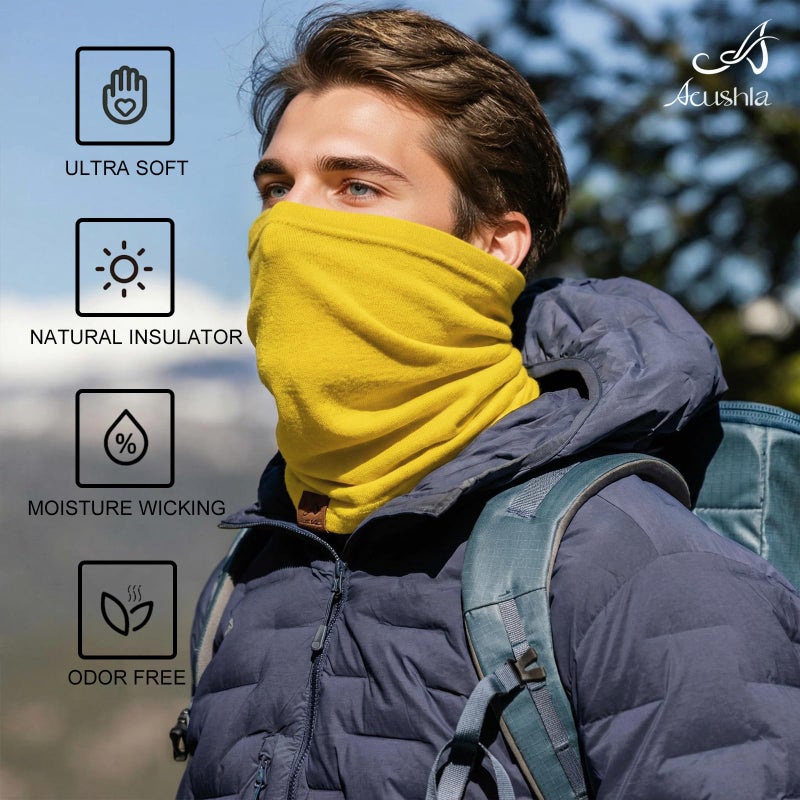 ACUSHLA 100% Merino Wool Neck Gaiter Ski Face Mask Scarf Neck Warmer for Men & Women Winter All Weather, Midweight Bright Yellow - Image 2