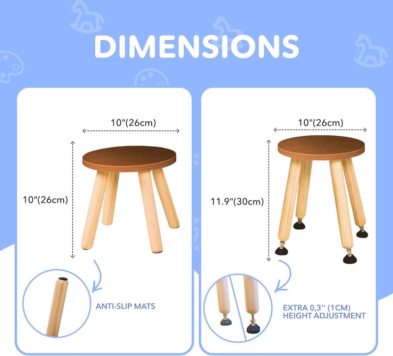 Cateam Wooden Step Stool for Kids and Toddlers - Set of 2 - Walnut - Extendable Legs Kids Chair - Sensory Table Stool - Children's Round Sitting Stool with Leveling Feet and Anti-Slip Pads - Image 2