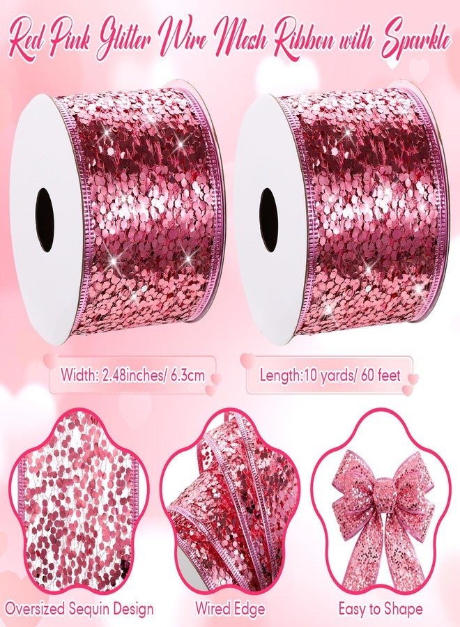 Wesnoy 2 Rolls 2.5 Inch x 10 Yard Christmas Glitter Wire Mesh Ribbon with Sparkle Metallic Sequin Wired Ribbon for Crafts Xmas Tree Bows Gift Wrapping Wreath Holiday Decor (Pink) - Image 2