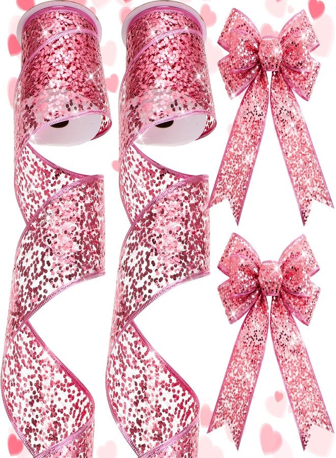 Wesnoy 2 Rolls 2.5 Inch x 10 Yard Christmas Glitter Wire Mesh Ribbon with Sparkle Metallic Sequin Wired Ribbon for Crafts Xmas Tree Bows Gift Wrapping Wreath Holiday Decor (Pink) - Image 1