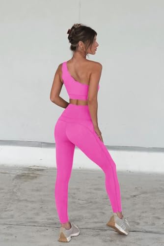 Fisoew Workout Sets for Women 2 Piece High Waisted Leggings with One Shoulder Stretchy Sports Bra Gym Tracksuits - Image 3