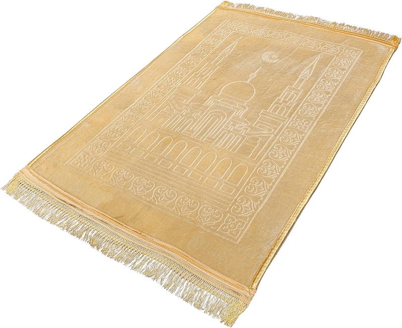 MARK STORE Prayer Mat Embossed Anti-Slip Velvet Top Prayer Rug for Umrah Hajj Ramadan 80 x 120 cm, Best Gift For Ramadan (Beige) - Image 1