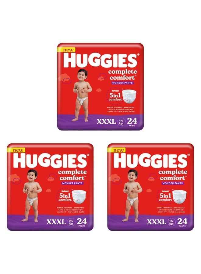 Huggies Complete Comfort Wonder Pants Triple Extra Large (XXXL) Size (17 Kgs+) Baby Diaper Pants, 24 count|5 benefits in 1 diaper| Bubble Bed softness | Upto 12 hour overnight absorption (Pack of 3) - Image 1