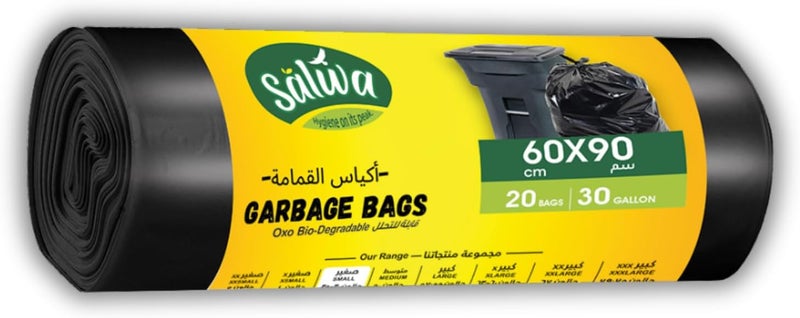 Black Garbage Bags, 30 Gallon Capacity 60x90cm, 20 Pieces, Heavy-Duty Trash Bags, Strong Bin Liners for Kitchen, Office, Indoor & Outdoor use