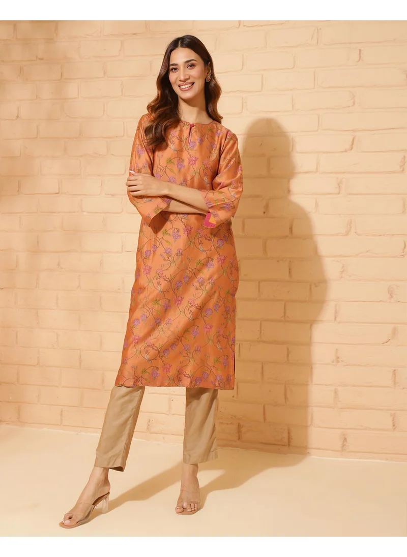 فاب انديا Orange Cotton Silk Hand Block Printed Long Kurta