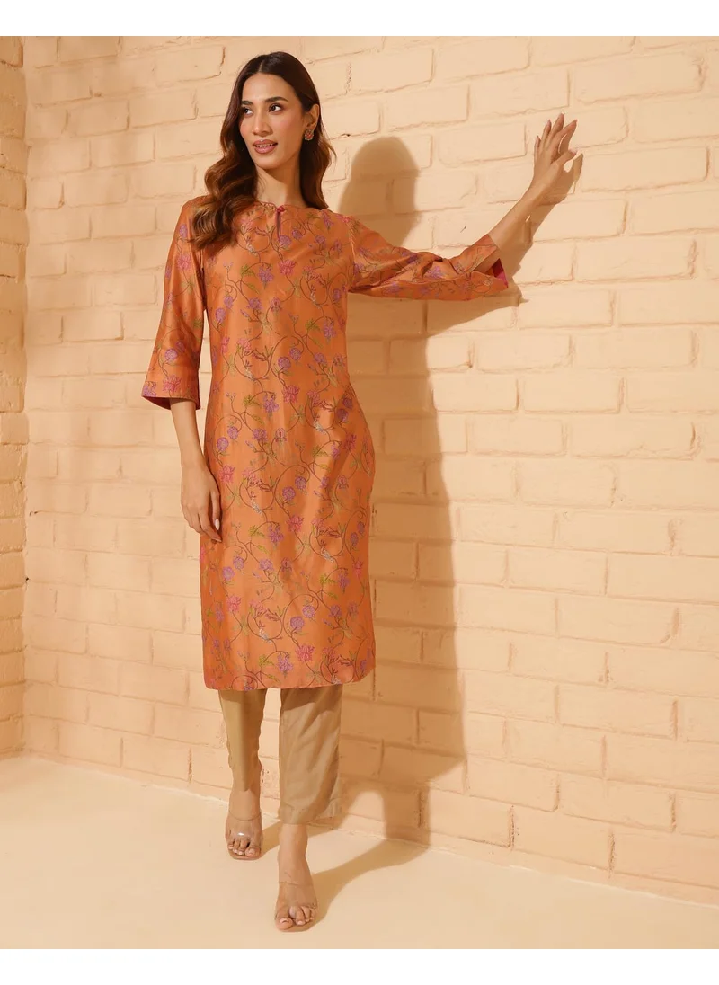 فاب انديا Orange Cotton Silk Hand Block Printed Long Kurta