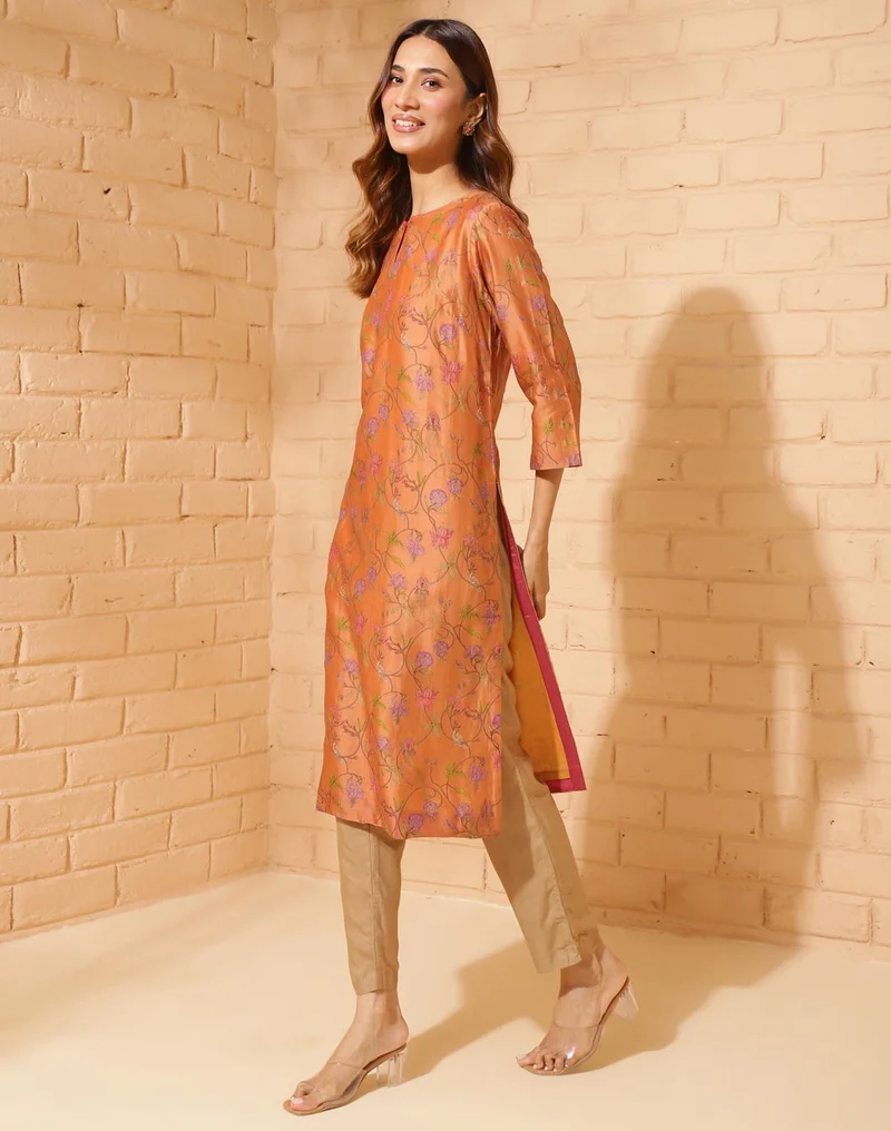 Fabindia Orange Cotton Silk Hand Block Printed Long Kurta
