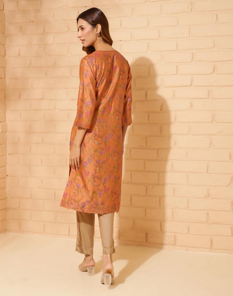 Fabindia Orange Cotton Silk Hand Block Printed Long Kurta
