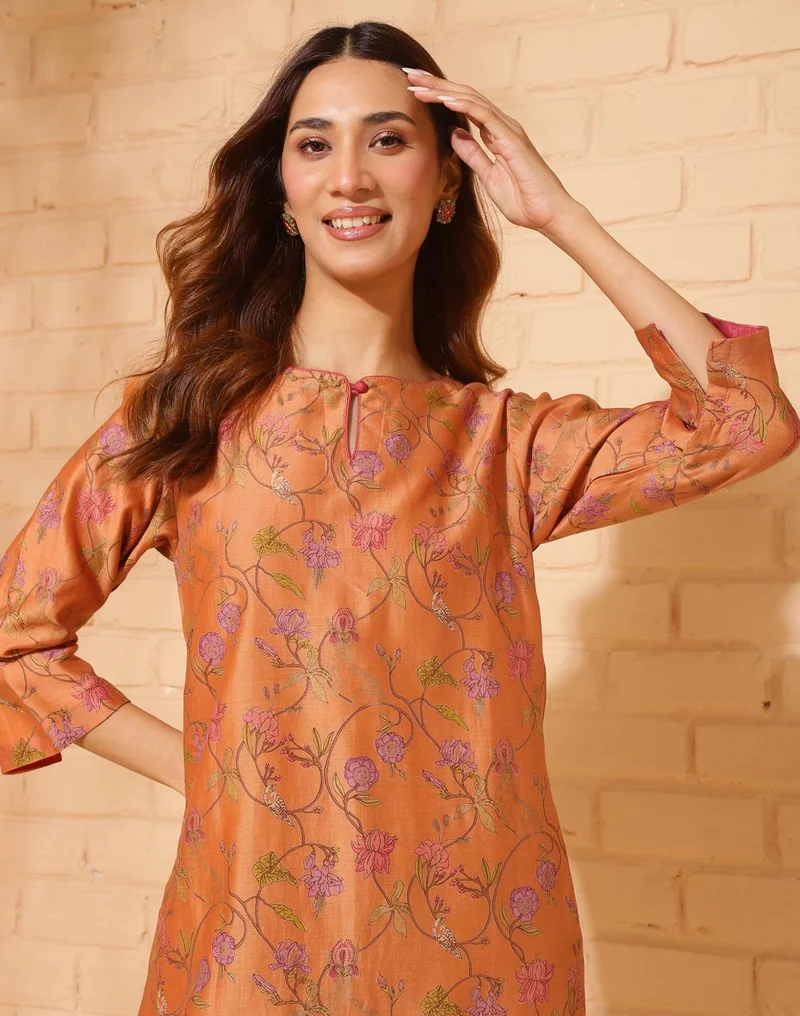 Fabindia Orange Cotton Silk Hand Block Printed Long Kurta