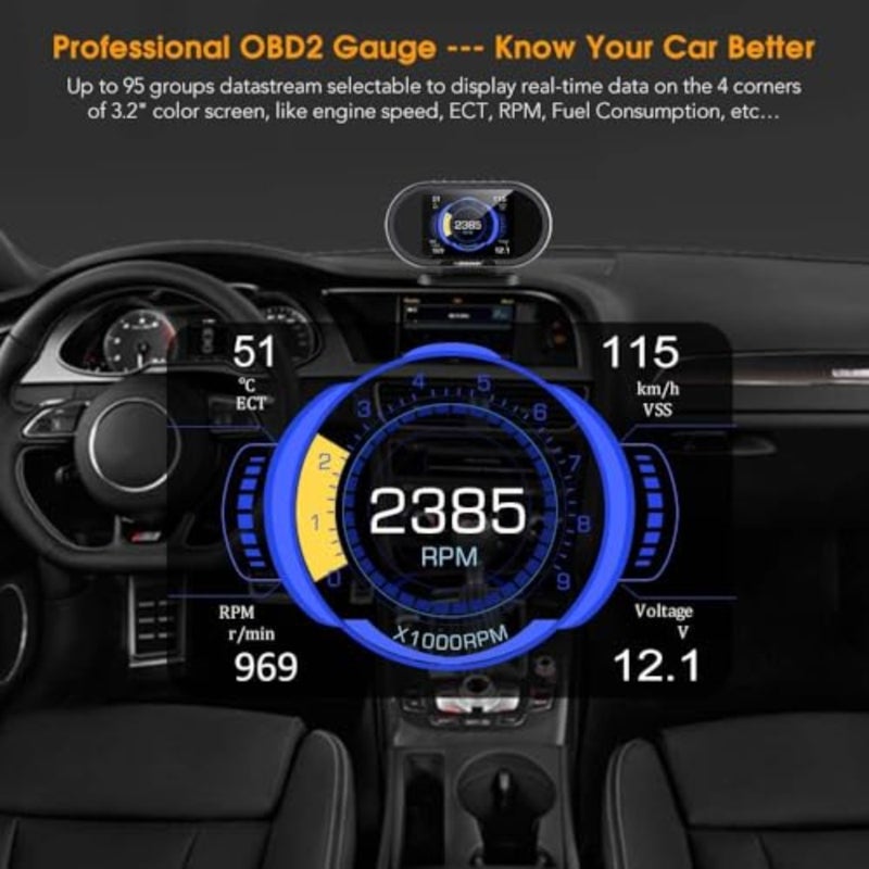 شاشة HUD للسيارات لاستخدام لوحة أجهزة القياس في السيارة، غطاء بلاستيكي ABS، لون أسود، عداد سرعة رقمي في الوقت الحقيقي مع مراقبة درجة حرارة الماء وضغط الوقود - Image 4