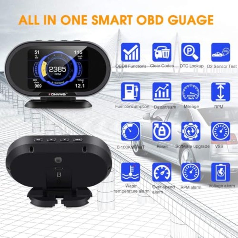 شاشة HUD للسيارات لاستخدام لوحة أجهزة القياس في السيارة، غطاء بلاستيكي ABS، لون أسود، عداد سرعة رقمي في الوقت الحقيقي مع مراقبة درجة حرارة الماء وضغط الوقود - Image 2